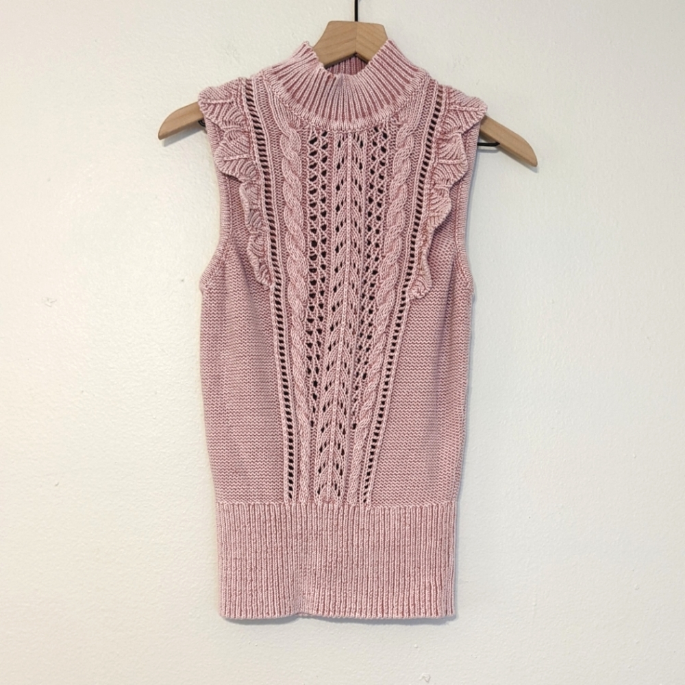 WHBM Knit Ruffle Mock Neck Vintage Looking Sleeveless Sweater Blouse sz S